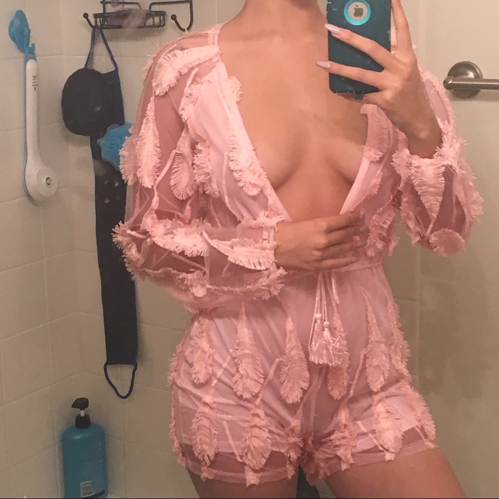 Pink feathered romper